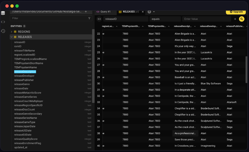 Beekeeper Studio — NostalgiaDB RELEASES table